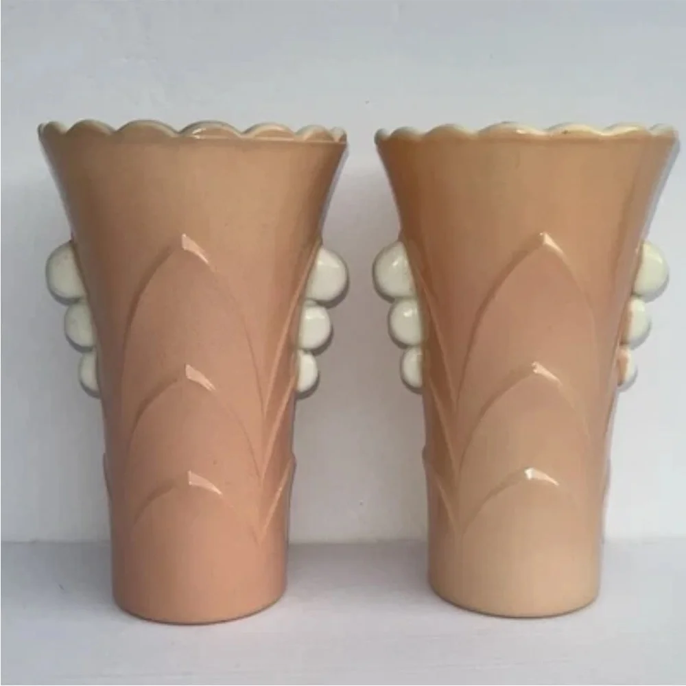 Vintage Anchor Hocking Fired On Pink Vitrock Scalloped Art Deco Style Vases